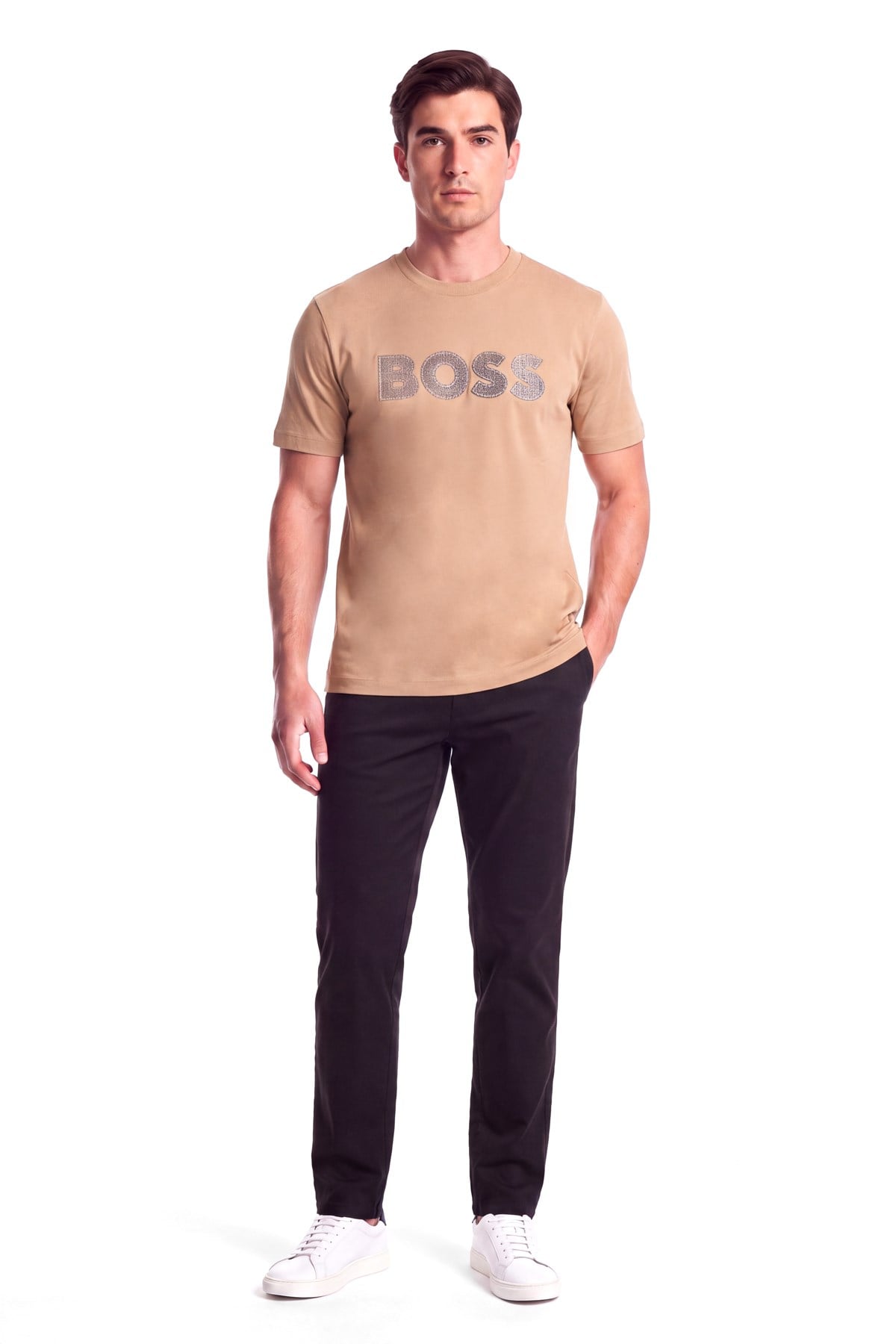 BOSS  BOSS Erkek Regular Fit Yuvarlak Yakalı Logo Detaylı Pamuklu Kısa Kollu Bej T-Shirt 50565630-260