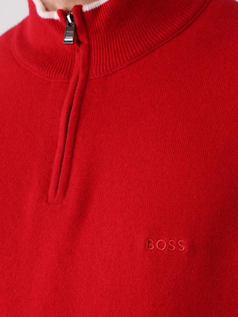 BOSS BOSS Erkek Saf Yün Logo İşlemeli Fermuarlı Kırmızı Kazak 50477379-620