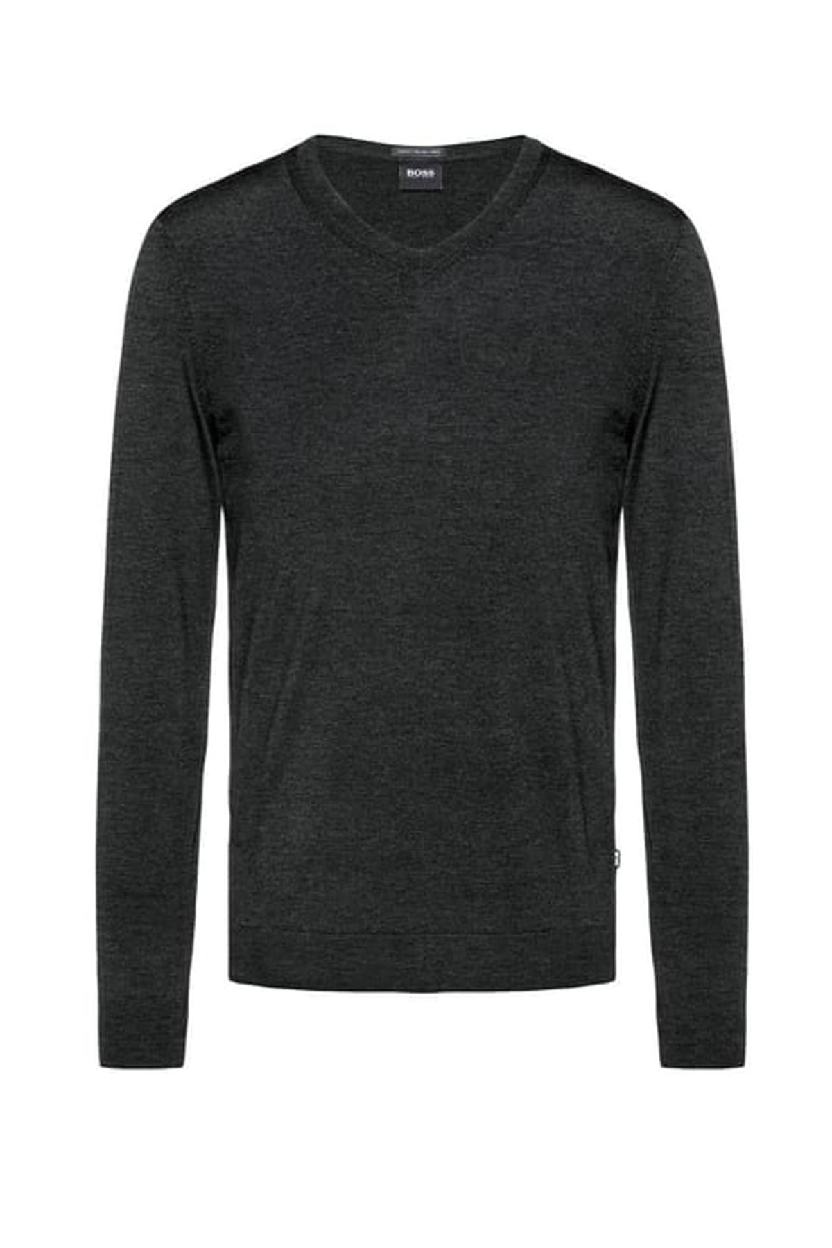 BOSS BOSS Erkek V Yaka Slim Fit Uzun Kollu Siyah Kazak 50378576-SIYAH