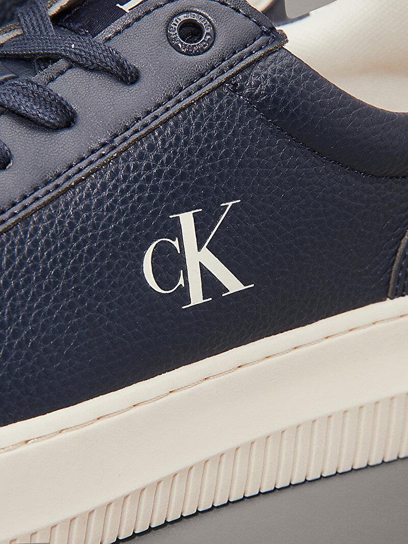 Calvin Klein Calvin Klein Erkek Düşük Bilekli Deri Rahat ve Düz Tabanlı Logo Kabartmalı Lacivert Sneaker YM0YM01198-0G1