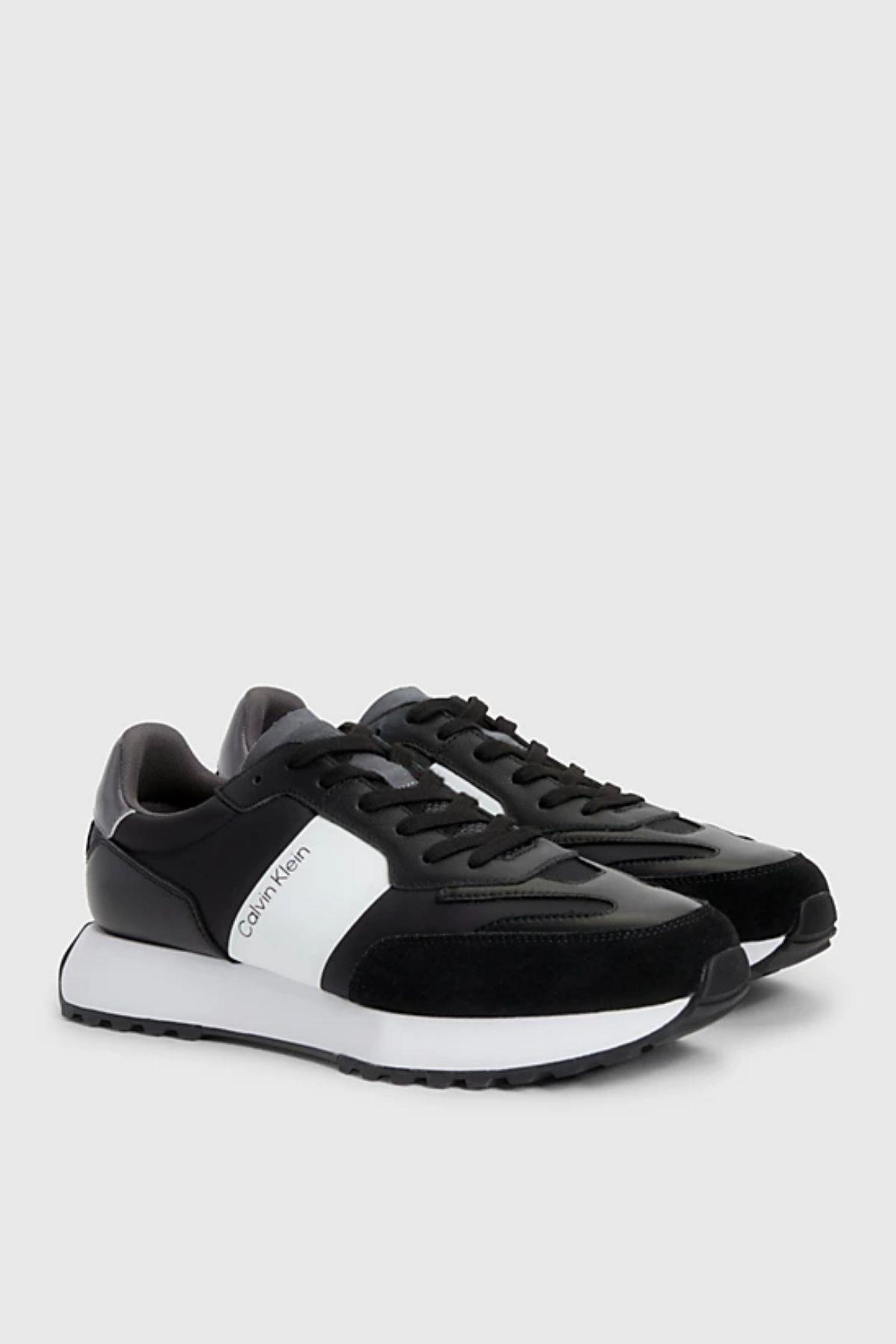 Calvin Klein Calvin Kleın Erkek Logolu Bağcıklı Deri Siyah-Beyaz Sneaker HM0HM01238-0GQ