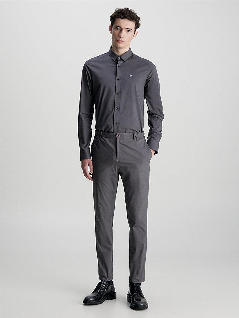 Calvin Klein Calvin Kleın Erkek Marka Logolu Düğmeli Gömlek Yaka Uzun Kollu Gri Gömlek K10K110856-PC9