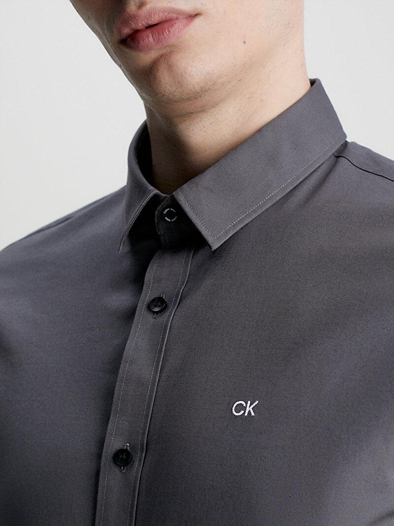 Calvin Klein Calvin Kleın Erkek Marka Logolu Düğmeli Gömlek Yaka Uzun Kollu Gri Gömlek K10K110856-PC9