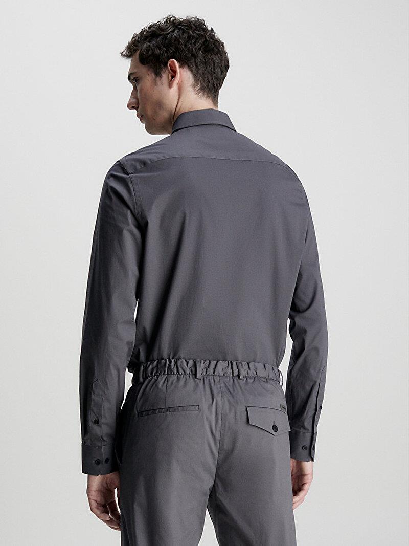 Calvin Klein Calvin Kleın Erkek Marka Logolu Düğmeli Gömlek Yaka Uzun Kollu Gri Gömlek K10K110856-PC9