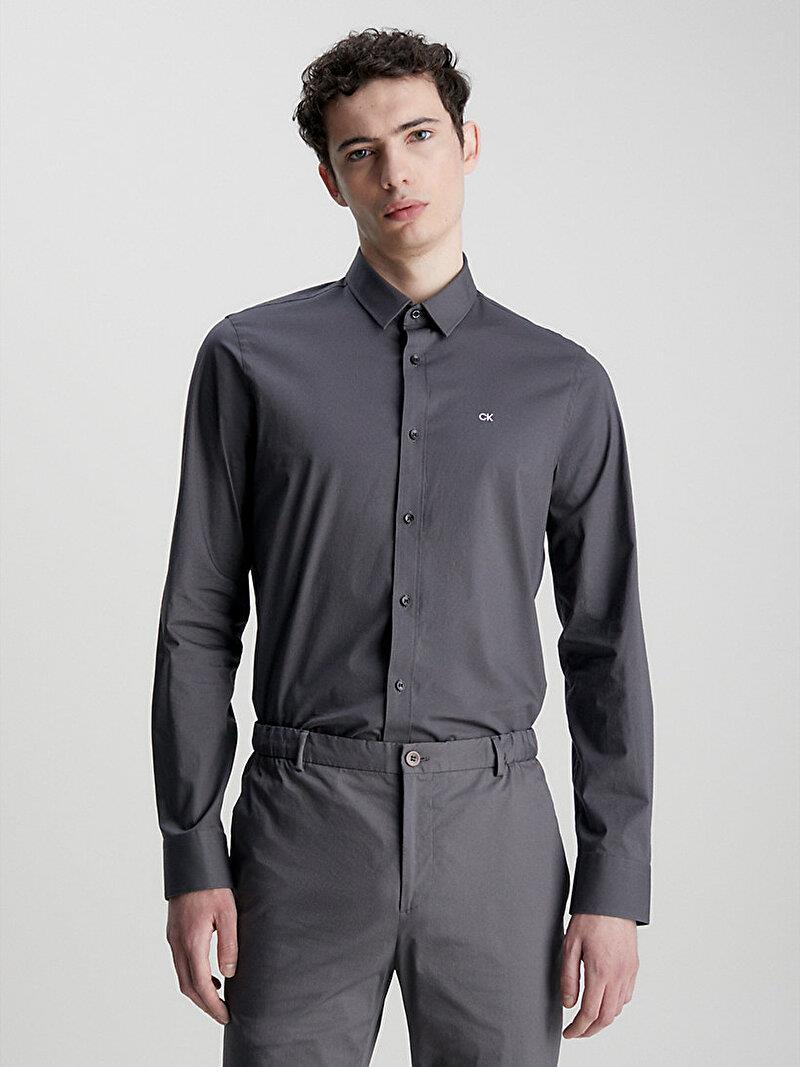Calvin Klein Calvin Kleın Erkek Marka Logolu Düğmeli Gömlek Yaka Uzun Kollu Gri Gömlek K10K110856-PC9