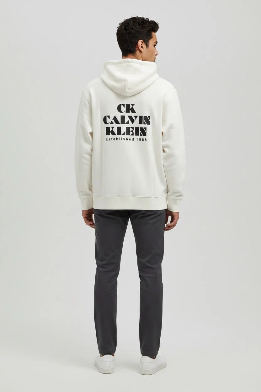 Calvin Klein Calvin Klein Erkek Normal Kalıp Önü ve Arkası Logo Baskılı Kapüşonlu Ekru Sweatshirt LV04RG273G-YAS