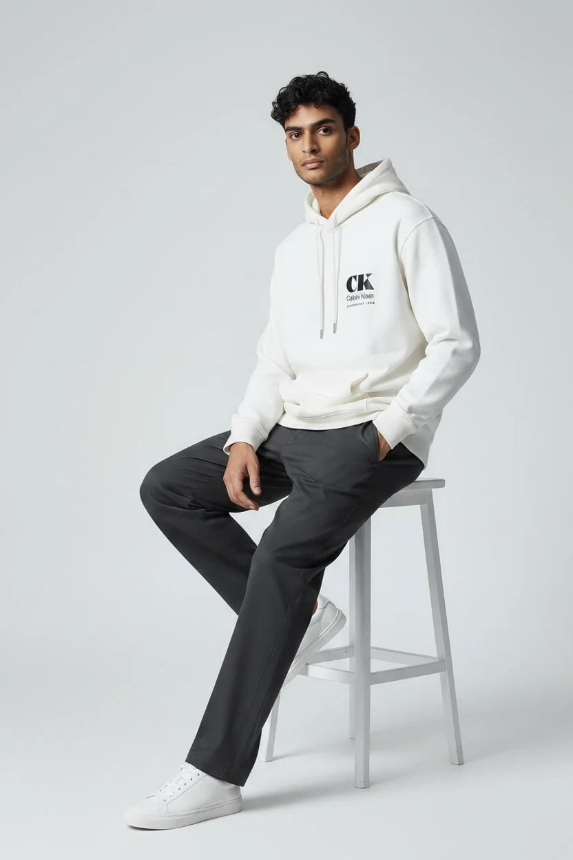 Calvin Klein Calvin Klein Erkek Normal Kalıp Önü ve Arkası Logo Baskılı Kapüşonlu Ekru Sweatshirt LV04RG273G-YAS