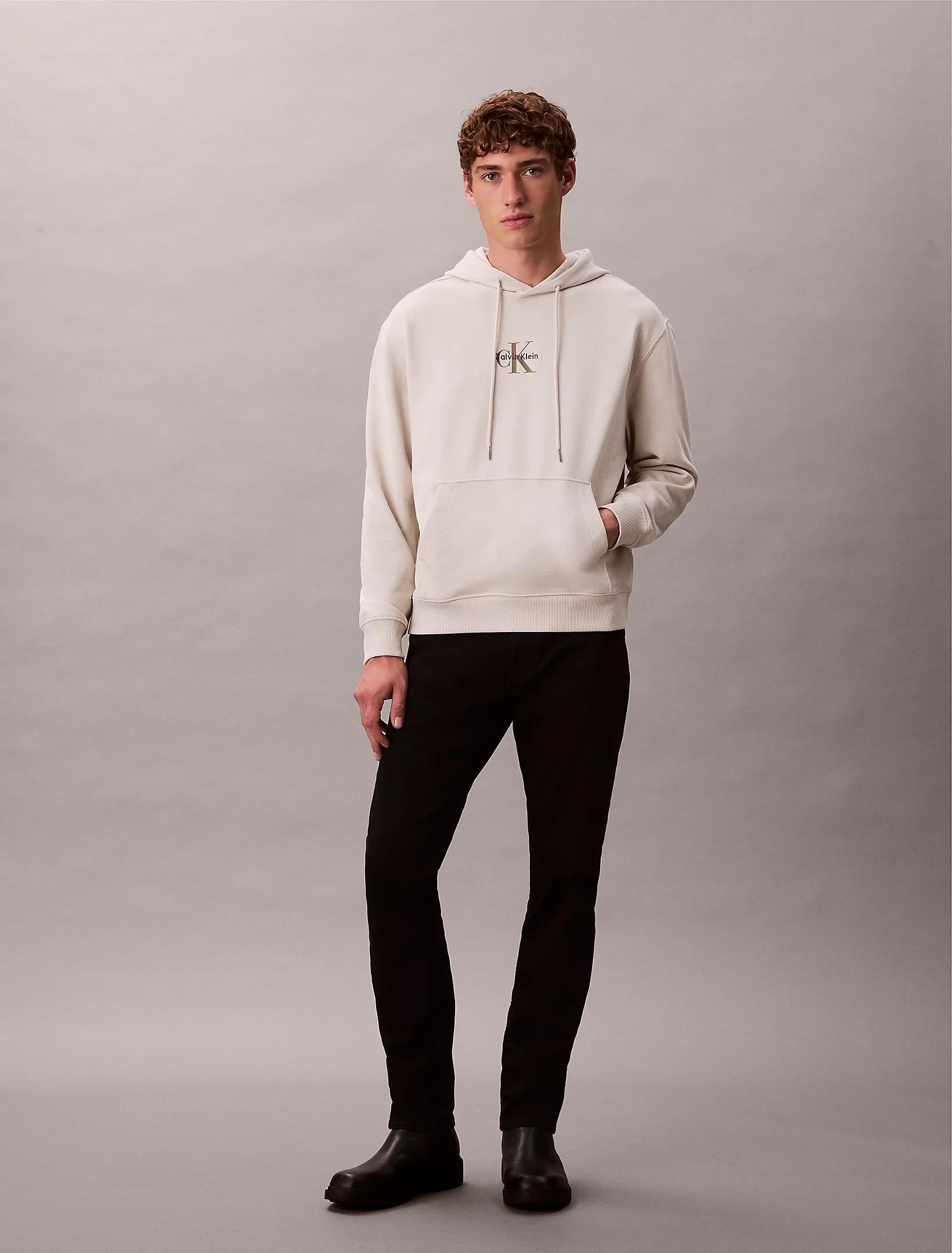 Calvin Klein Calvin Klein Erkek Rahat Kalıp CK Logo Baskılı Kapüşonlu Uzun Kollu Beyaz Sweatshirt LV04RD243G-67U