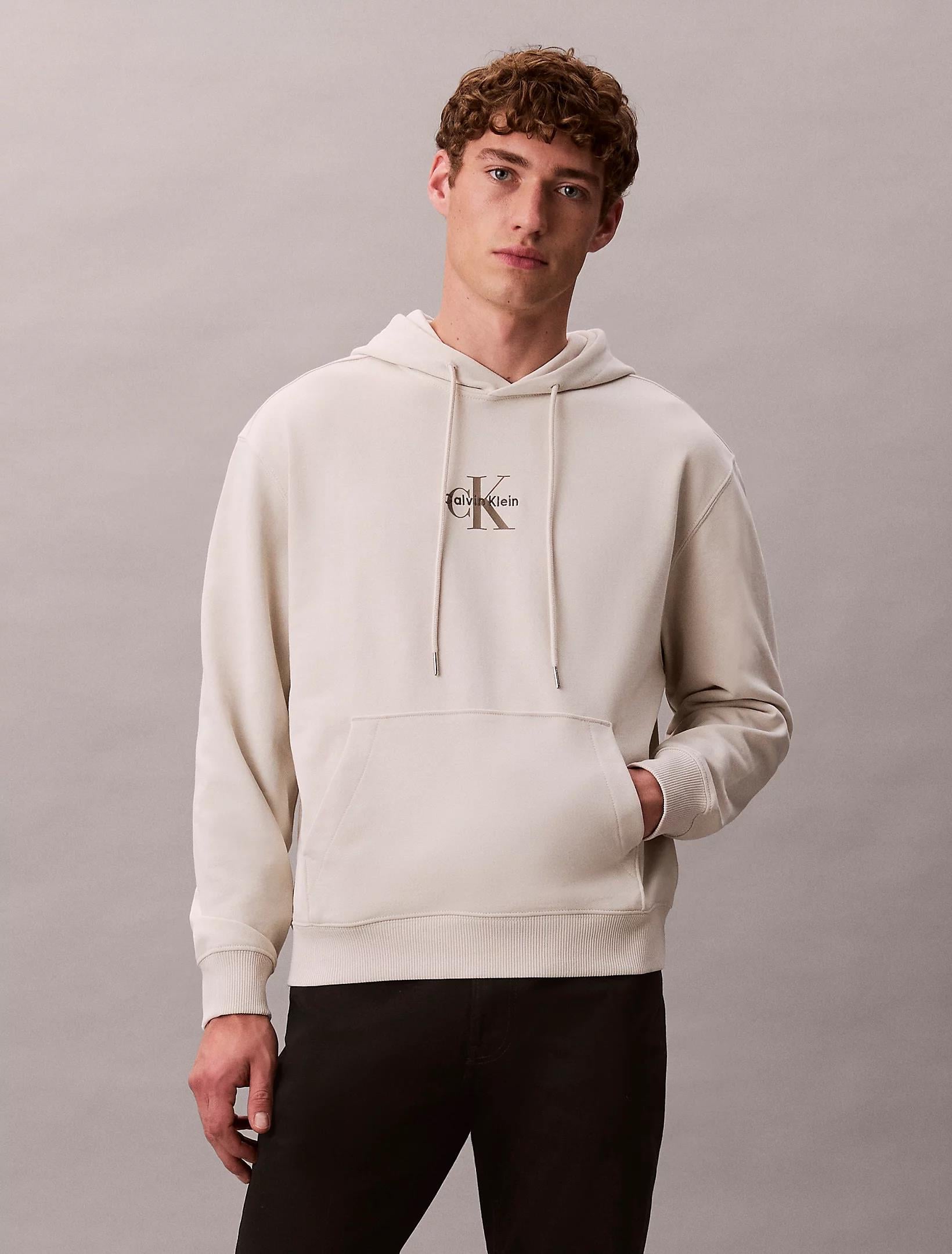 Calvin Klein Calvin Klein Erkek Rahat Kalıp CK Logo Baskılı Kapüşonlu Uzun Kollu Beyaz Sweatshirt LV04RD243G-67U