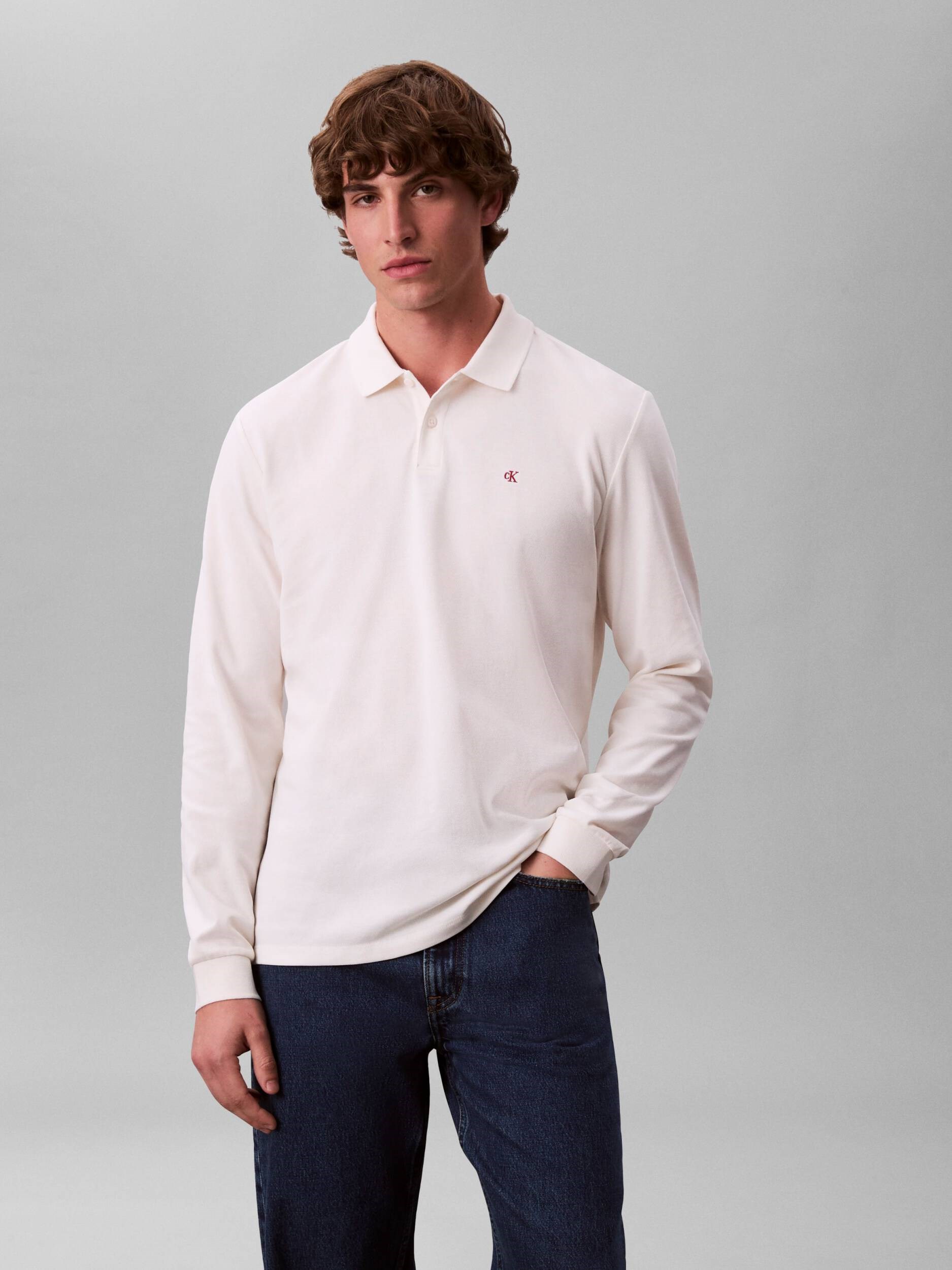 Calvin Klein Calvin Klein Erkek Uzun Kol Regular Fit Düğme Kapama Beyaz Polo Yaka T-Shirt LV04RE201G-YBH