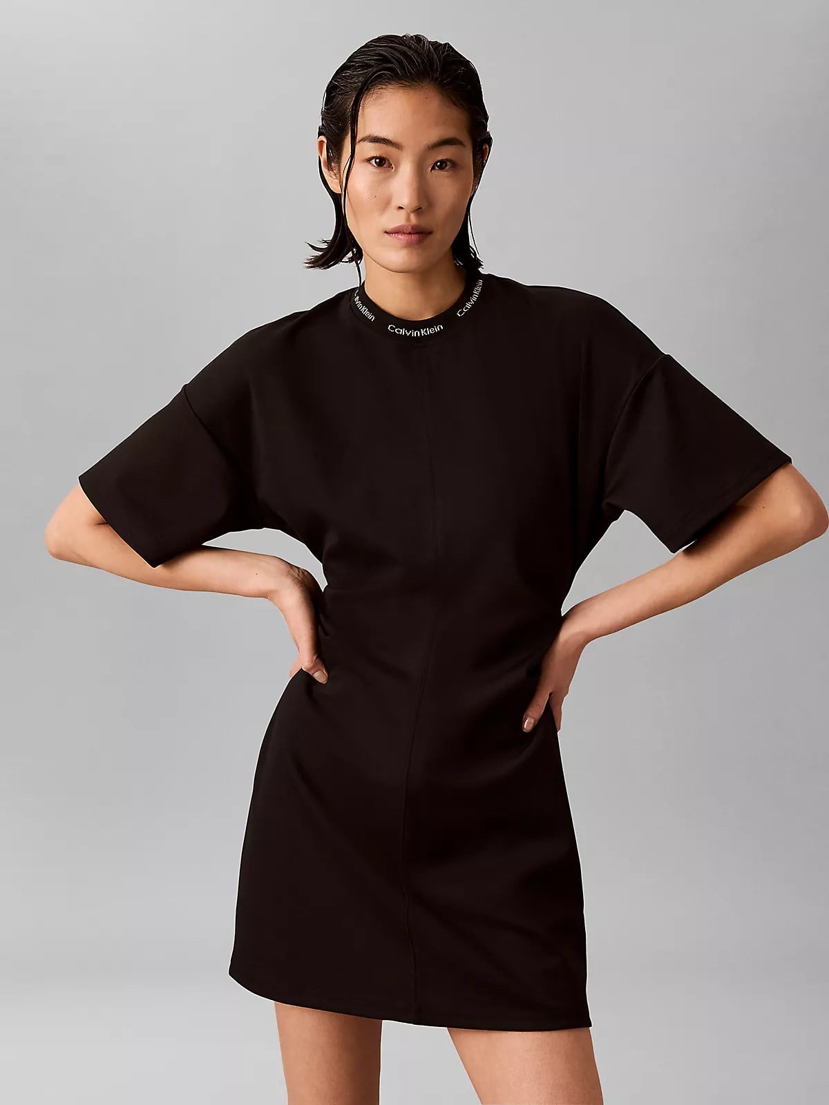Calvin Klein Calvin Klein Kadın Bisiklet Yaka Calvin Klein Logo Detay Kısa Kol Diz Üstü Siyah Elbise LV047G251G-UB1