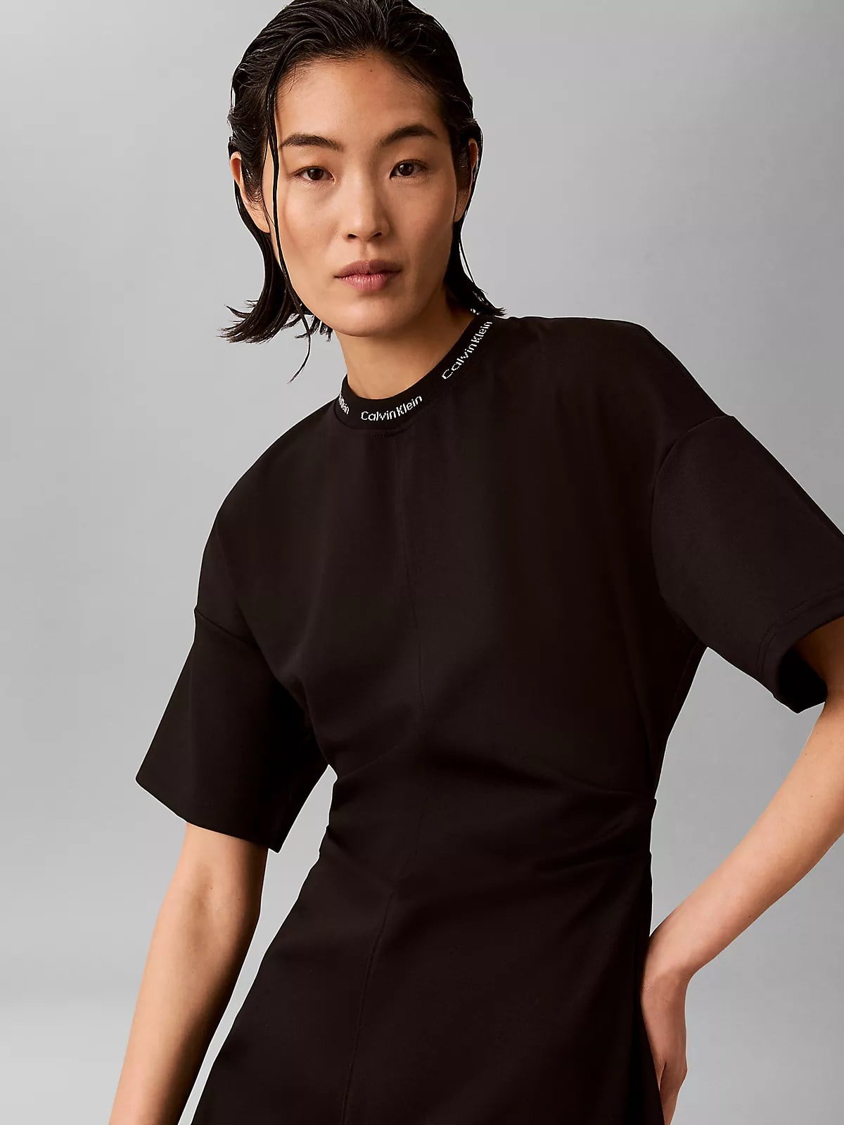 Calvin Klein Calvin Klein Kadın Bisiklet Yaka Calvin Klein Logo Detay Kısa Kol Diz Üstü Siyah Elbise LV047G251G-UB1