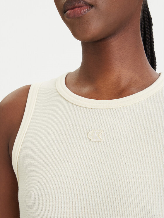 Calvin Klein Calvin Klein Kadın Dar Kesim Pamuklu Yuvarlak Yakalı Kolsuz Mini Krem Elbise LV047F235G-ZRK