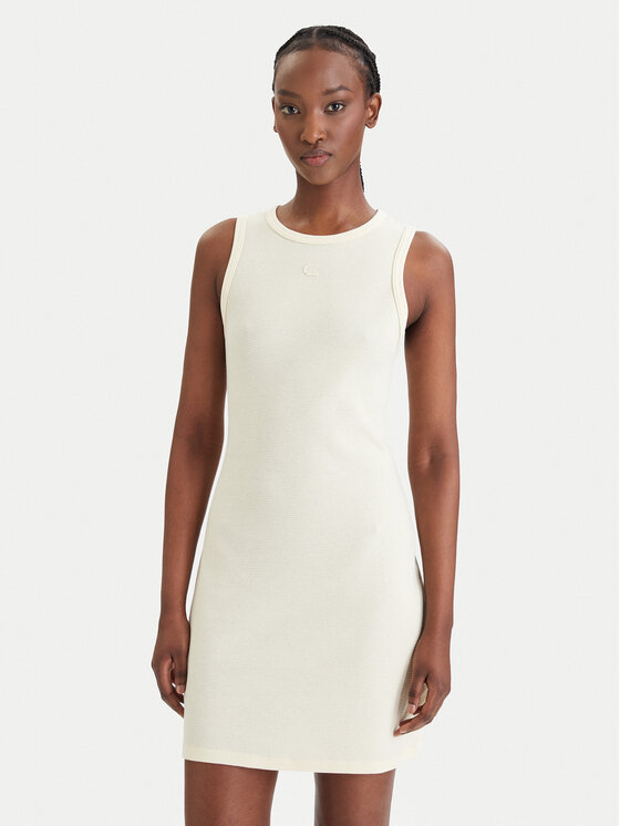 Calvin Klein Calvin Klein Kadın Dar Kesim Pamuklu Yuvarlak Yakalı Kolsuz Mini Krem Elbise LV047F235G-ZRK