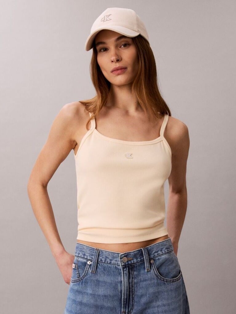 Calvin Klein Calvin Klein Kadın İp Askılı Kare Yaka CK Logo İşlemeli Bej Atlet LV047G208G-TGY