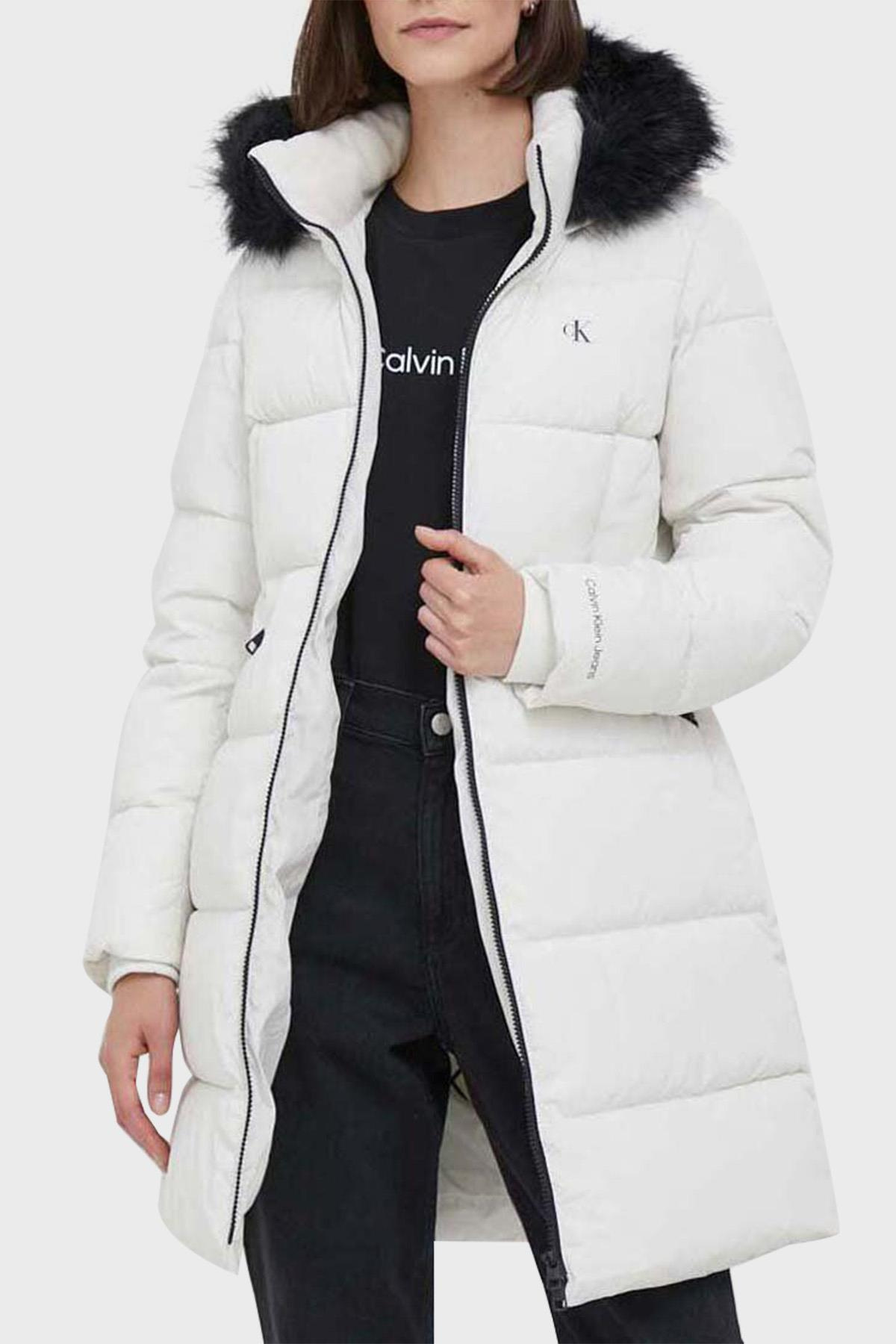 Calvin Klein Calvin Kleın Kadın Kapüşonlu Fermuar Kapamalı Cepli Uzun Kol Beyaz Mont J20J221890-YBI