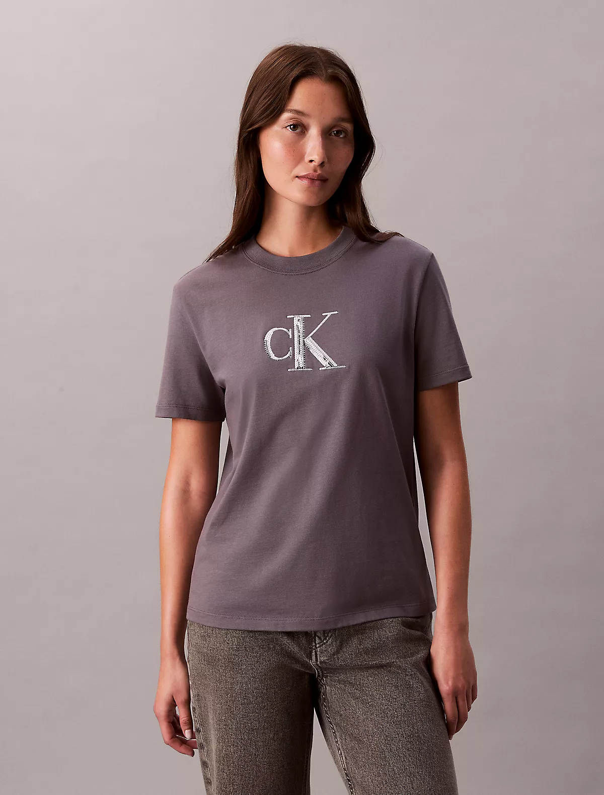 Calvin Klein Calvin Klein Kadın Kısa Kol CK Yazı Detay Bisiklet Yaka Gri T-Shirt LV044E215G-2E9