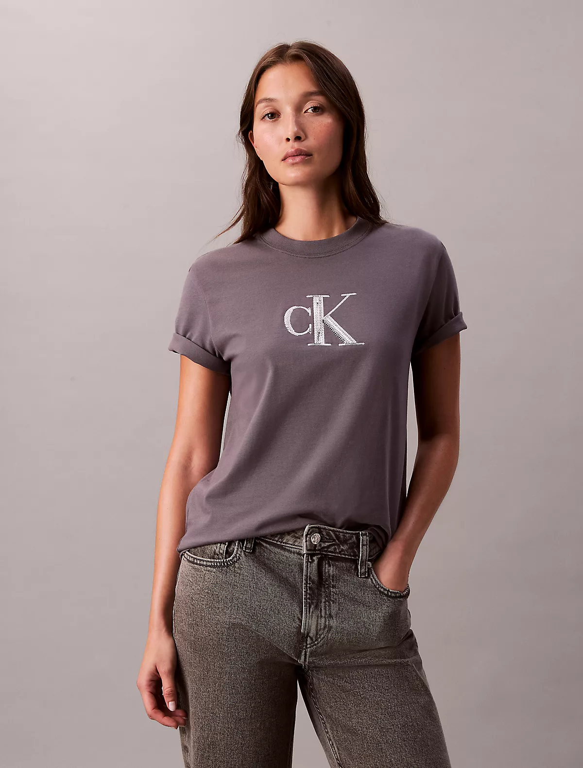 Calvin Klein Calvin Klein Kadın Kısa Kol CK Yazı Detay Bisiklet Yaka Gri T-Shirt LV044E215G-2E9