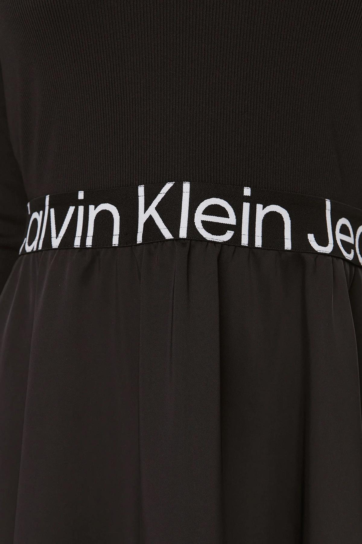 Calvin Klein Calvin Kleın Kadın Logolu Yuvarlak Yakalı Uzun Kollu Günlük Kullanım Siyah Elbise J20J222714-BEH