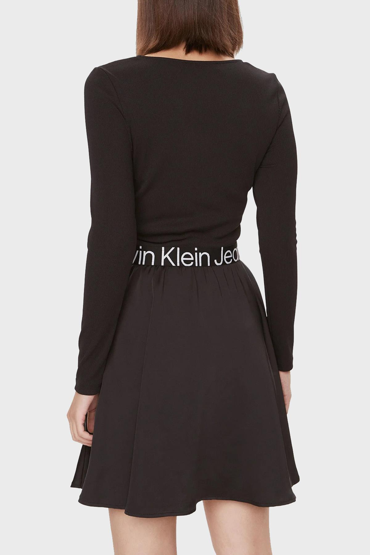 Calvin Klein Calvin Kleın Kadın Logolu Yuvarlak Yakalı Uzun Kollu Günlük Kullanım Siyah Elbise J20J222714-BEH