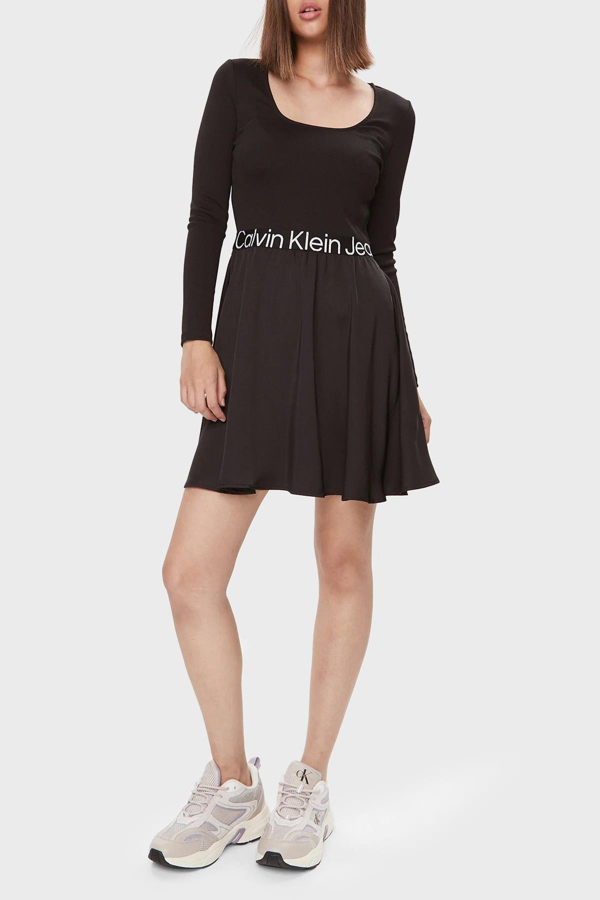 Calvin Klein Calvin Kleın Kadın Logolu Yuvarlak Yakalı Uzun Kollu Günlük Kullanım Siyah Elbise J20J222714-BEH