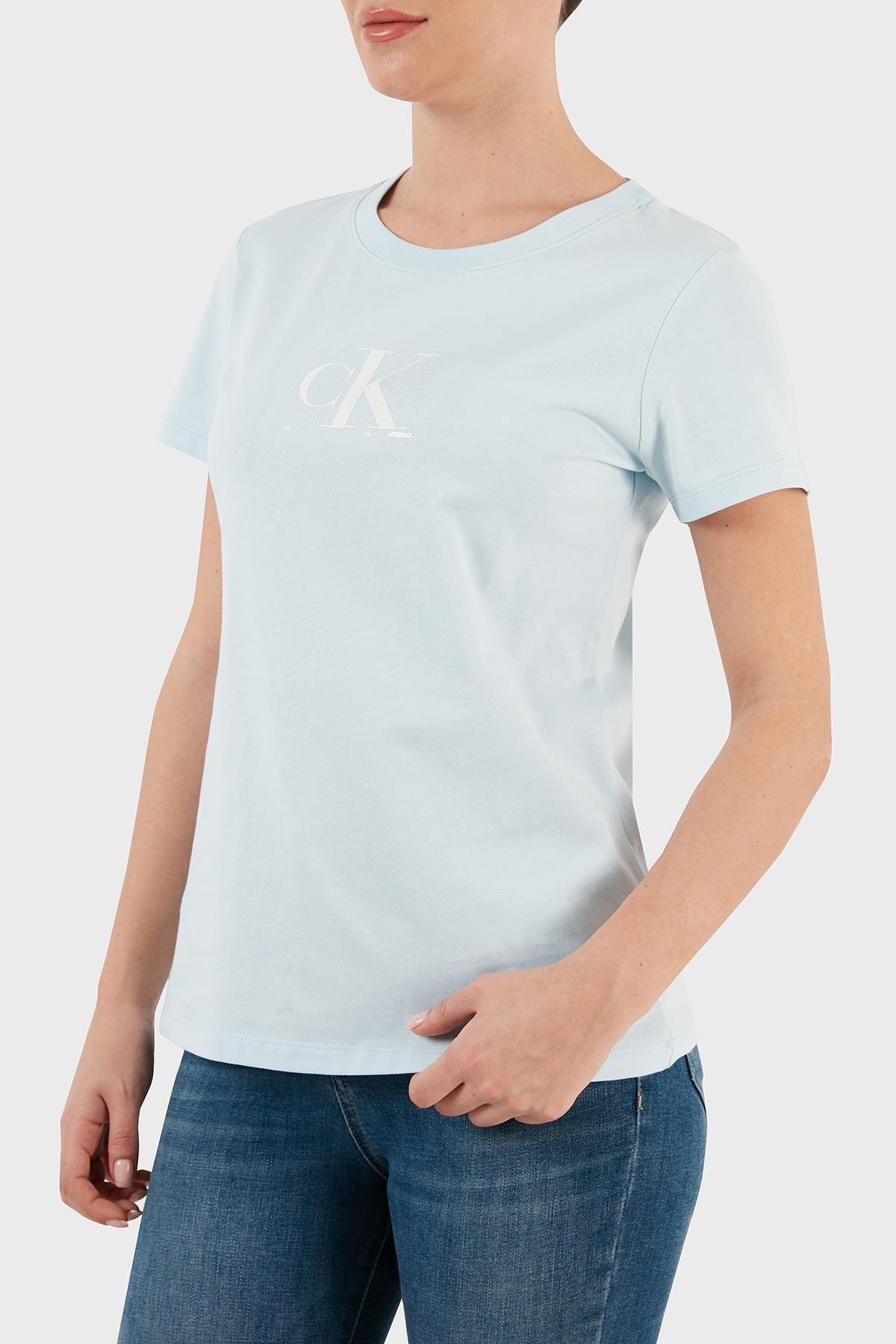 Calvin Klein Calvin Kleın Kadın Marka Logolu Pamuklu Günlük Kullanım Mavi T-Shirt J20J222961-CYR