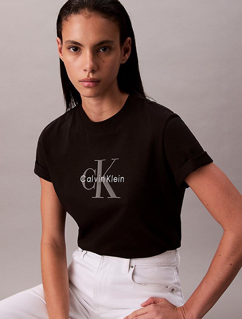 Calvin Klein Calvin Klein Kadın Normal Kalıp Yuvarlak Yakalı %100 Pamuk CK Logo Baskılı Kısa Kollu Siyah T-Shirt LV047B865G-UB1