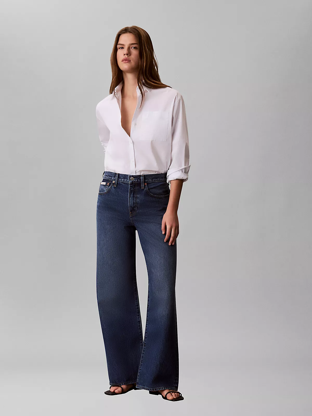 Calvin Klein Calvin Klein Kadın Normal Kesim Yüksek Bel Geniş Paça Pamuklu Denim Mavi Jeans LV047F727G-SD3