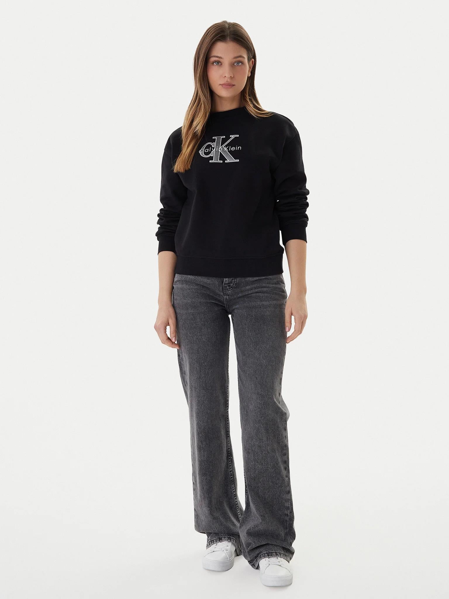 Calvin Klein Calvin Klein Kadın Normal Kalıp Pamuklu Logo İşlemeli Uzun Kollu Siyah Sweatshirt LV047E825G-UB1