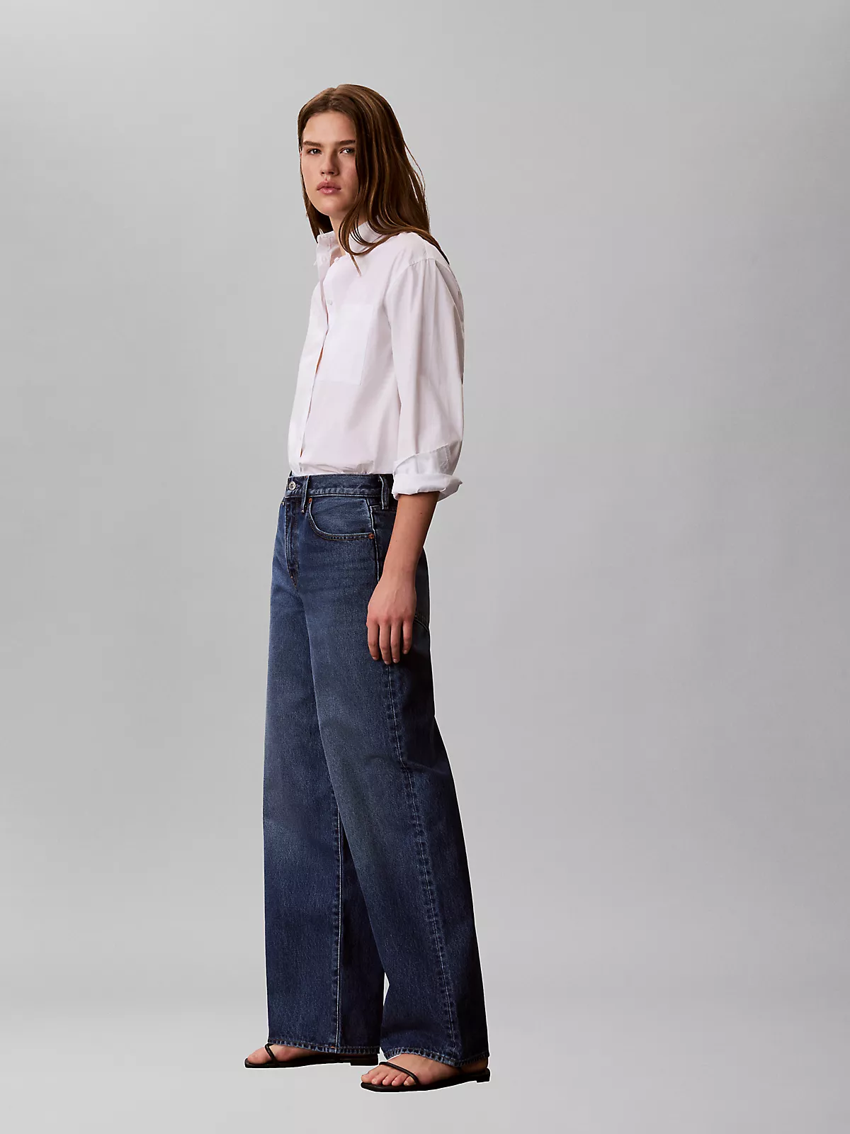 Calvin Klein Calvin Klein Kadın Normal Kesim Yüksek Bel Geniş Paça Pamuklu Denim Mavi Jeans LV047F727G-SD3