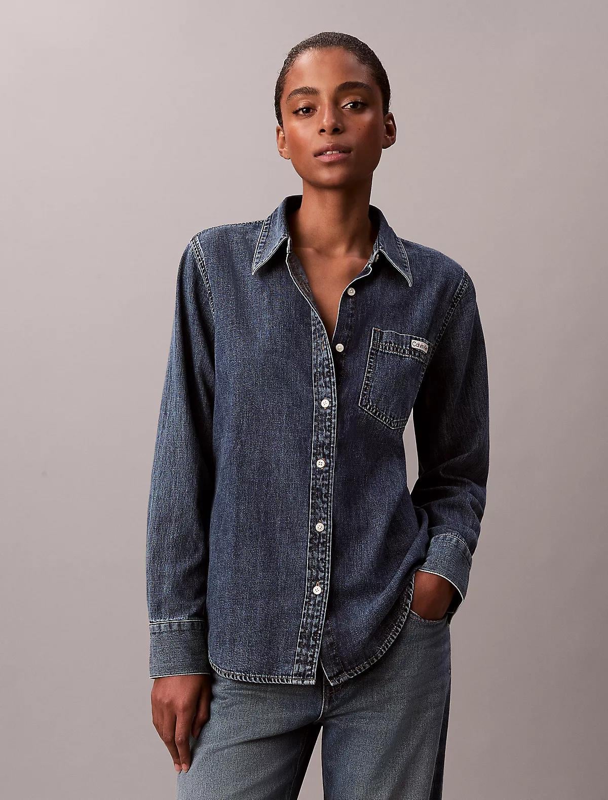 Calvin Klein Calvin Klein Kadın Normal Kesim Cep Detaylı Uzun Kollu Lacivert Gömlek LV047E742G-3UA