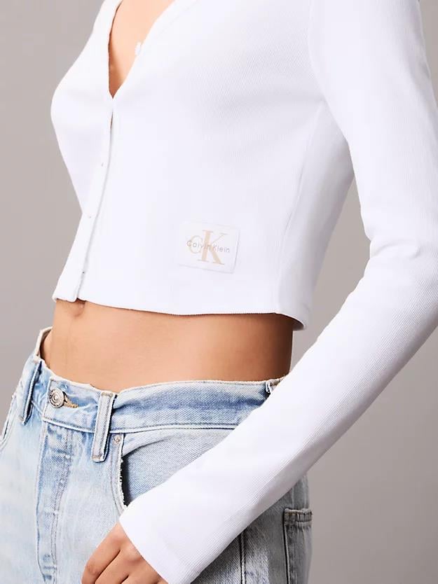Calvin Klein Calvin Klein Kadın Örme Triko Normal Kalıp Düğme Kapamalı Uzun Kollu Crop Beyaz Bluz LV047C204G-YAA