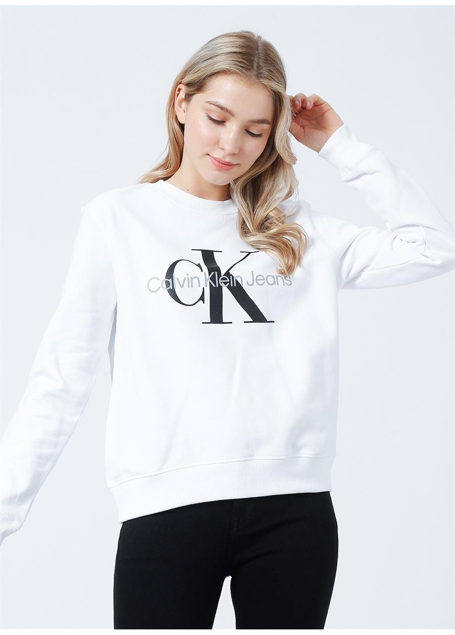 Calvin Klein Calvin Kleın Kadın Pamuklu Regular Fit Yuvarlak Yaka Beyaz Sweatshirt J20J219140-YAF
