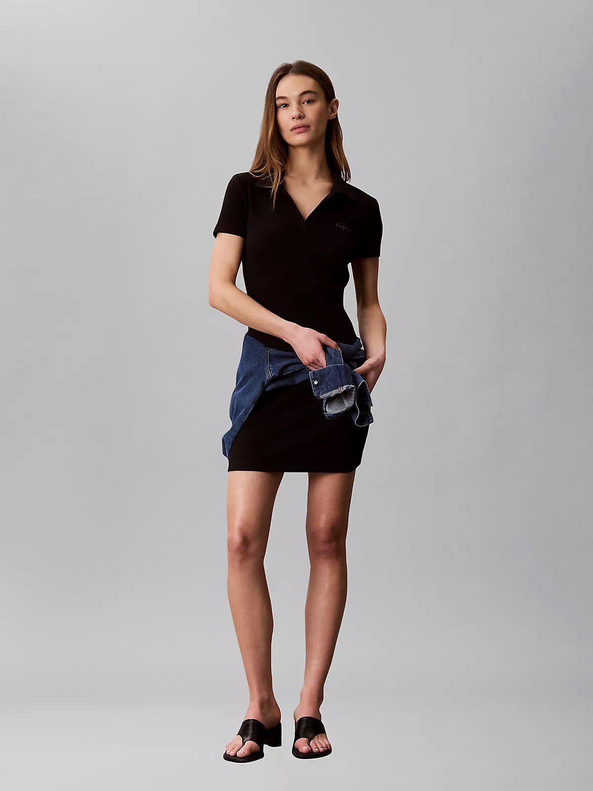 Calvin Klein Calvin Klein Kadın Polo Yaka Uzun Boy Kısa Kol Dokuma Kumaş Siyah Elbise LV047G237G-UB1