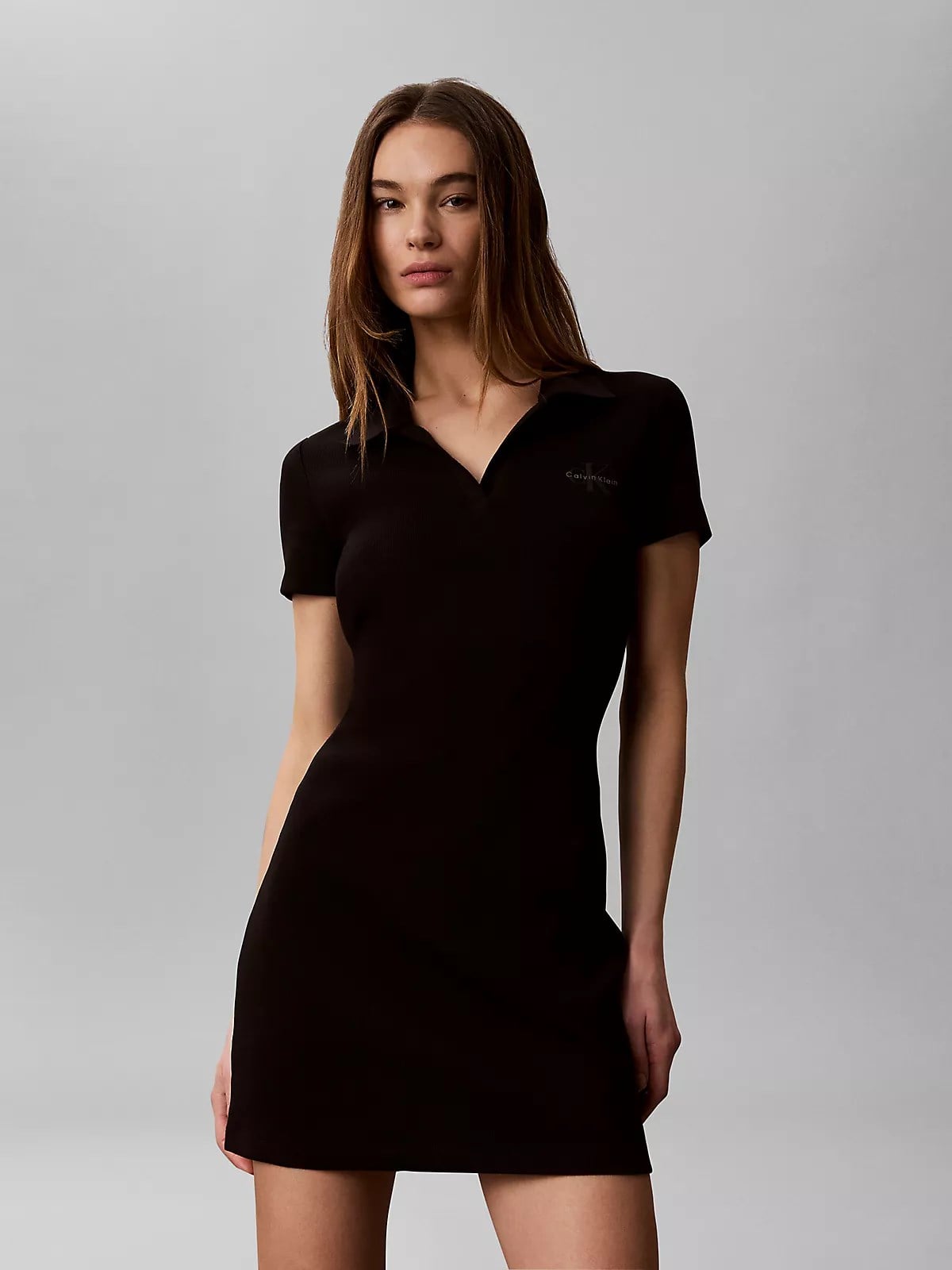 Calvin Klein Calvin Klein Kadın Polo Yaka Uzun Boy Kısa Kol Dokuma Kumaş Siyah Elbise LV047G237G-UB1