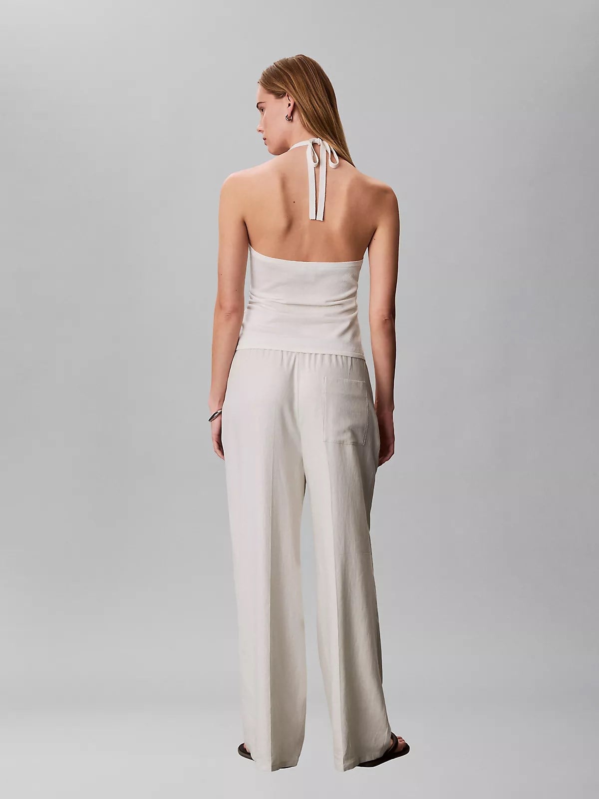 Calvin Klein Calvin Klein Kadın Rahat Kalıp Beli Lastikli Geniş Paçalı Keten Beyaz Pantolon LV047F631G-67U