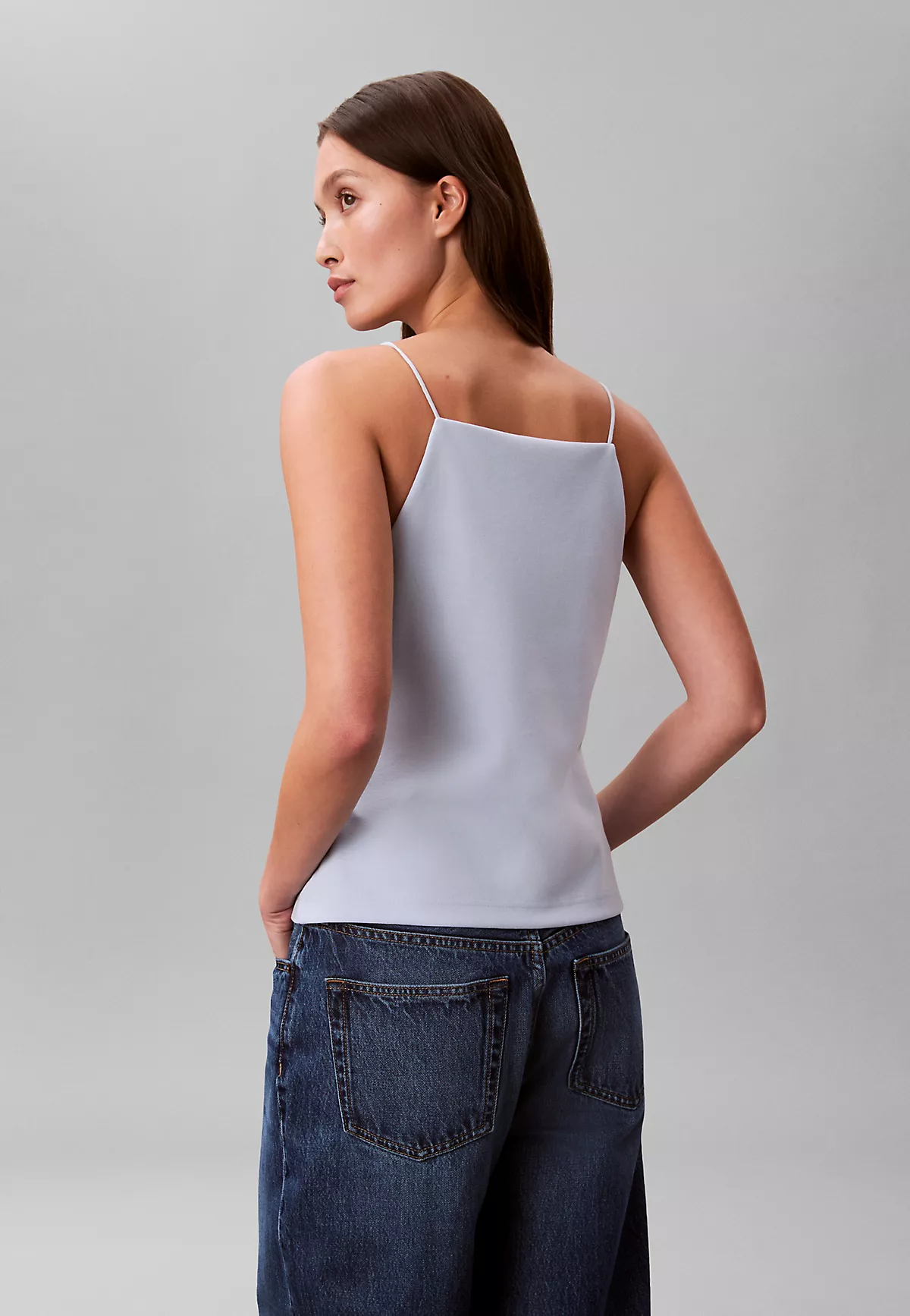 Calvin Klein Calvin Klein Kadın Slim Fit Dar İp Askılı Pamuklu Düz Dokuma Kumaş Mavi Bluz LV044F206G-C1O