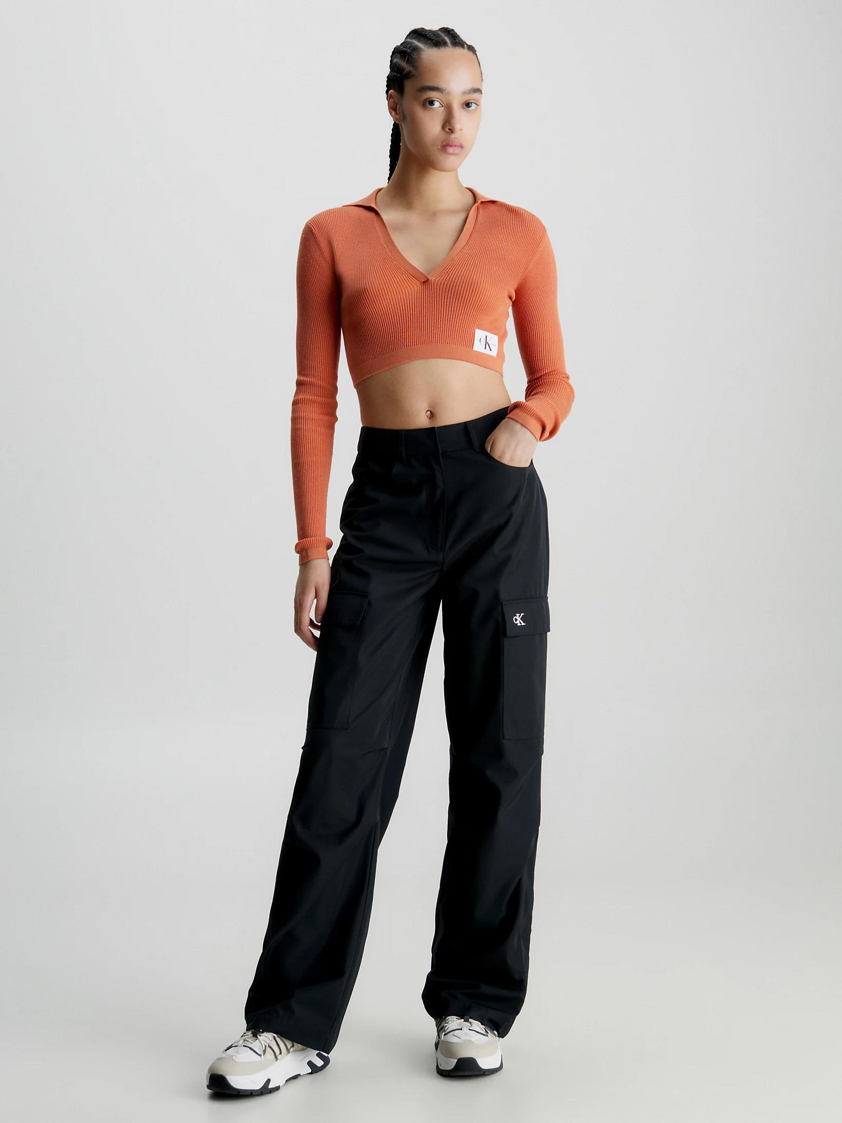 Calvin Klein Calvin Kleın Kadın Uzun Kollu V Yaka Crop Boy Turuncu Kazak J20J221969-SEC