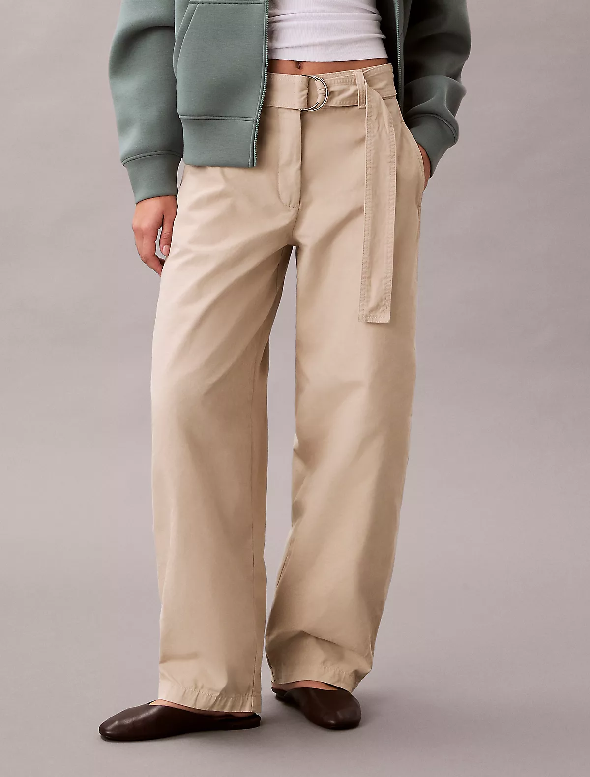 Calvin Klein Calvin Klein Kadın Yüksek Bel Geniş Paça Belde Kemer Detay Dokuma Kumaş Krem Pantolon LV044E619G-2F2