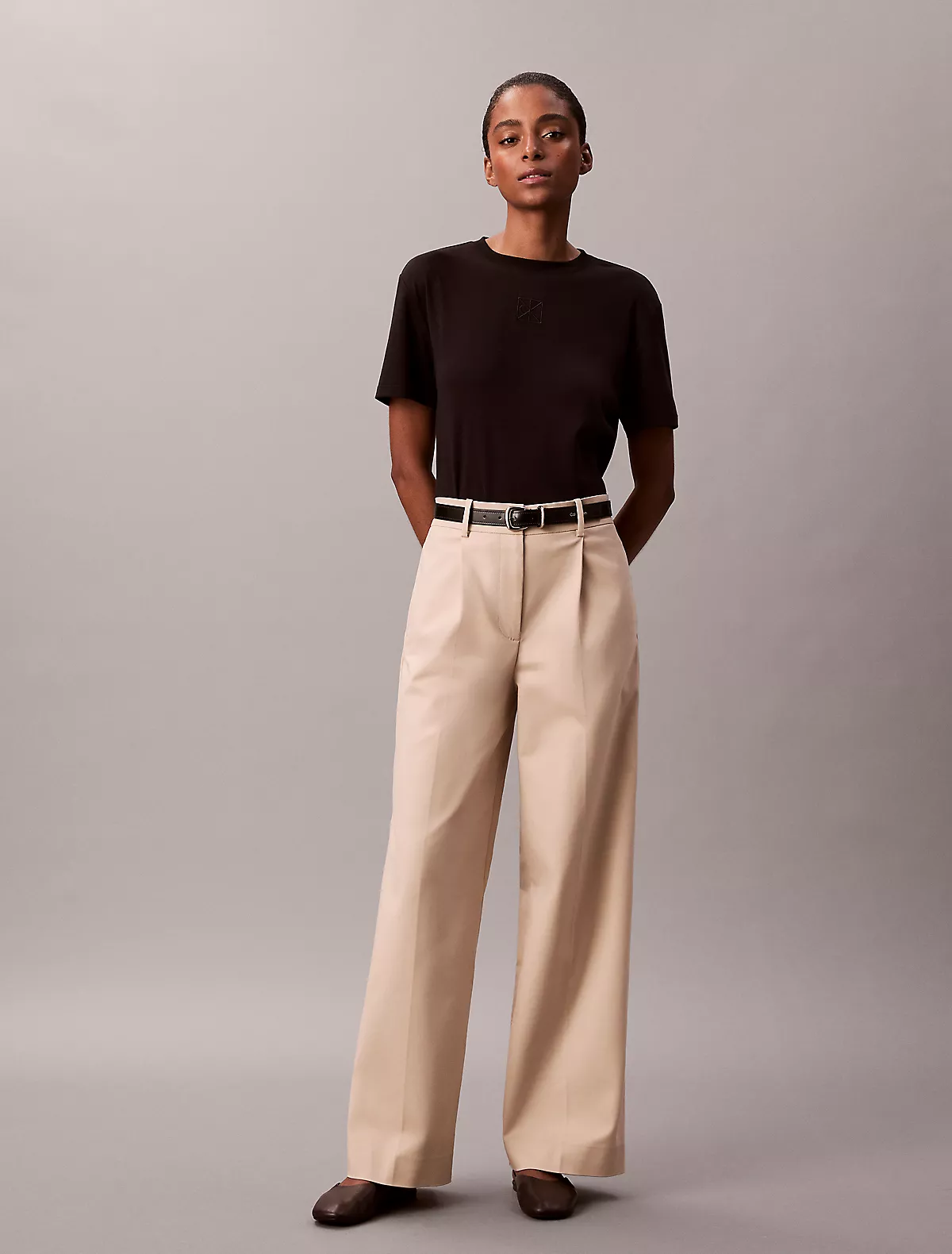 Calvin Klein Calvin Klein Kadın Yüksek Bel Geniş Paça Rahat Kesim Krem Pantolon LV044D664G-0XG