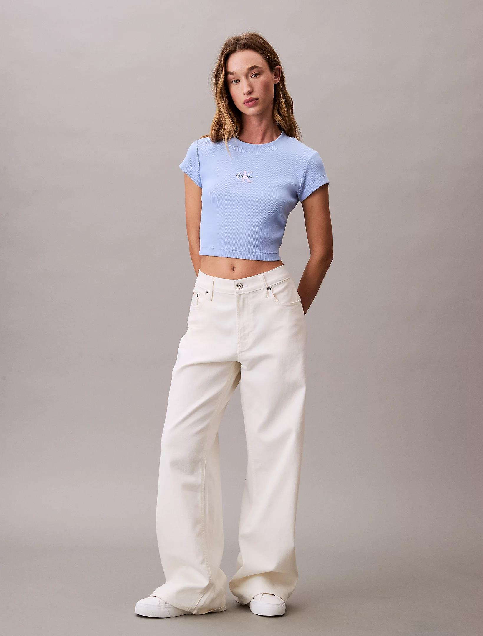 Calvin Klein Calvin Klein Kadın Yuvarlak Yaka Kısa Kollu Kısa Mavi T-Shirt LV047AB802-7ZQ
