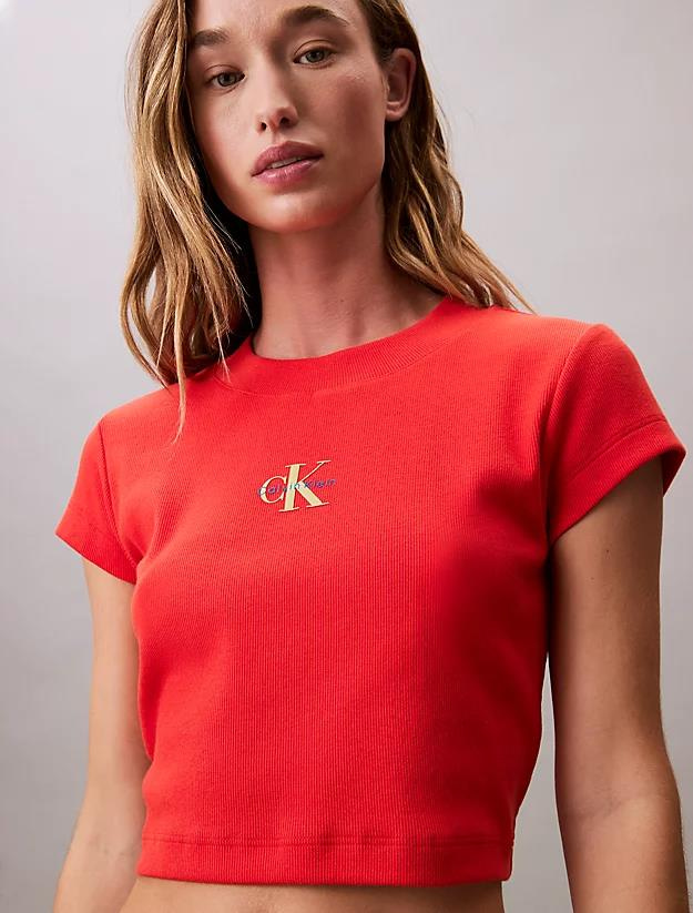 Calvin Klein Calvin Klein Kadın Yuvarlak Yaka Kısa Kollu Kısa Kırmızı T-Shirt LV047AB802-TNC