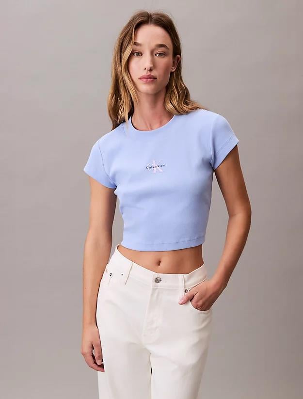 Calvin Klein Calvin Klein Kadın Yuvarlak Yaka Kısa Kollu Kısa Mavi T-Shirt LV047AB802-7ZQ