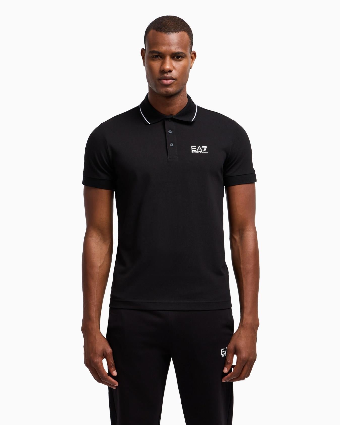 EA7 Ea7 Erkek Dokuma Kumaş Kısa Kol Düz Model Siyah Polo Yaka T-Shirt 8NPF16 PJVUZ-1200