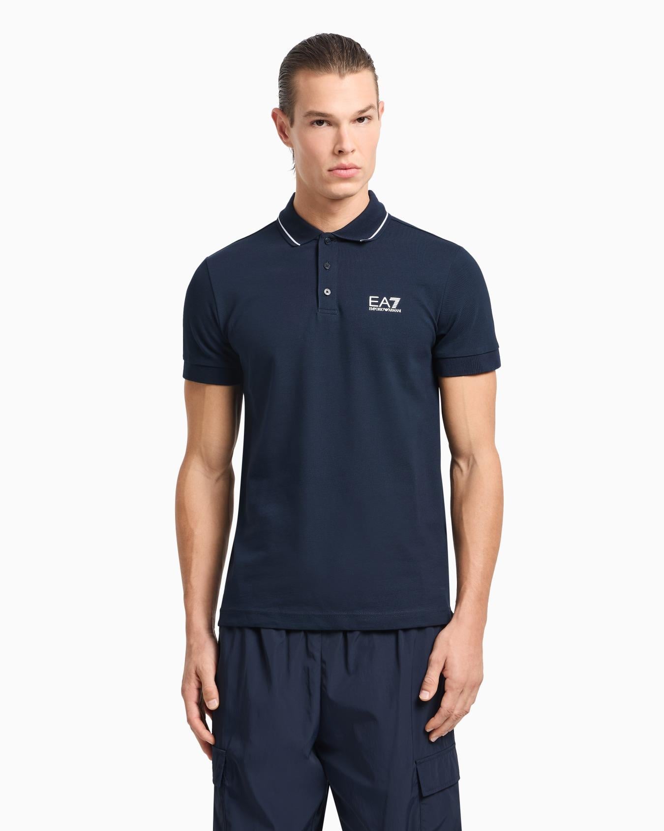 EA7 Ea7 Erkek Dokuma Kumaş Kısa Kol Düz Model Mavi Polo Yaka T-Shirt 8NPF16 PJVUZ-1562