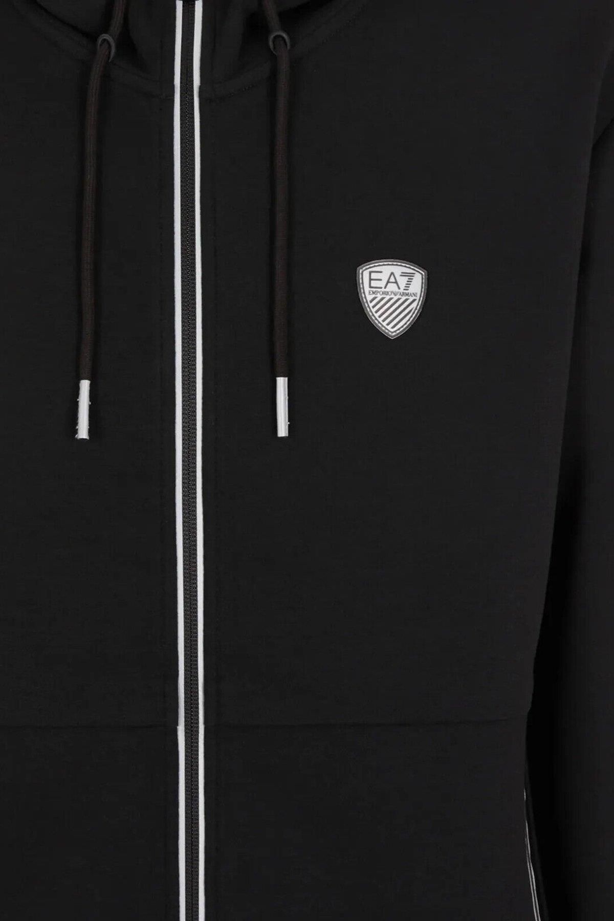 EA7 Ea7 Erkek Kapüşonlu Fermuar Kapama Uzun Kol Cep Detay Siyah Sweatshirt 8NPM20 PJ4EZ-1200