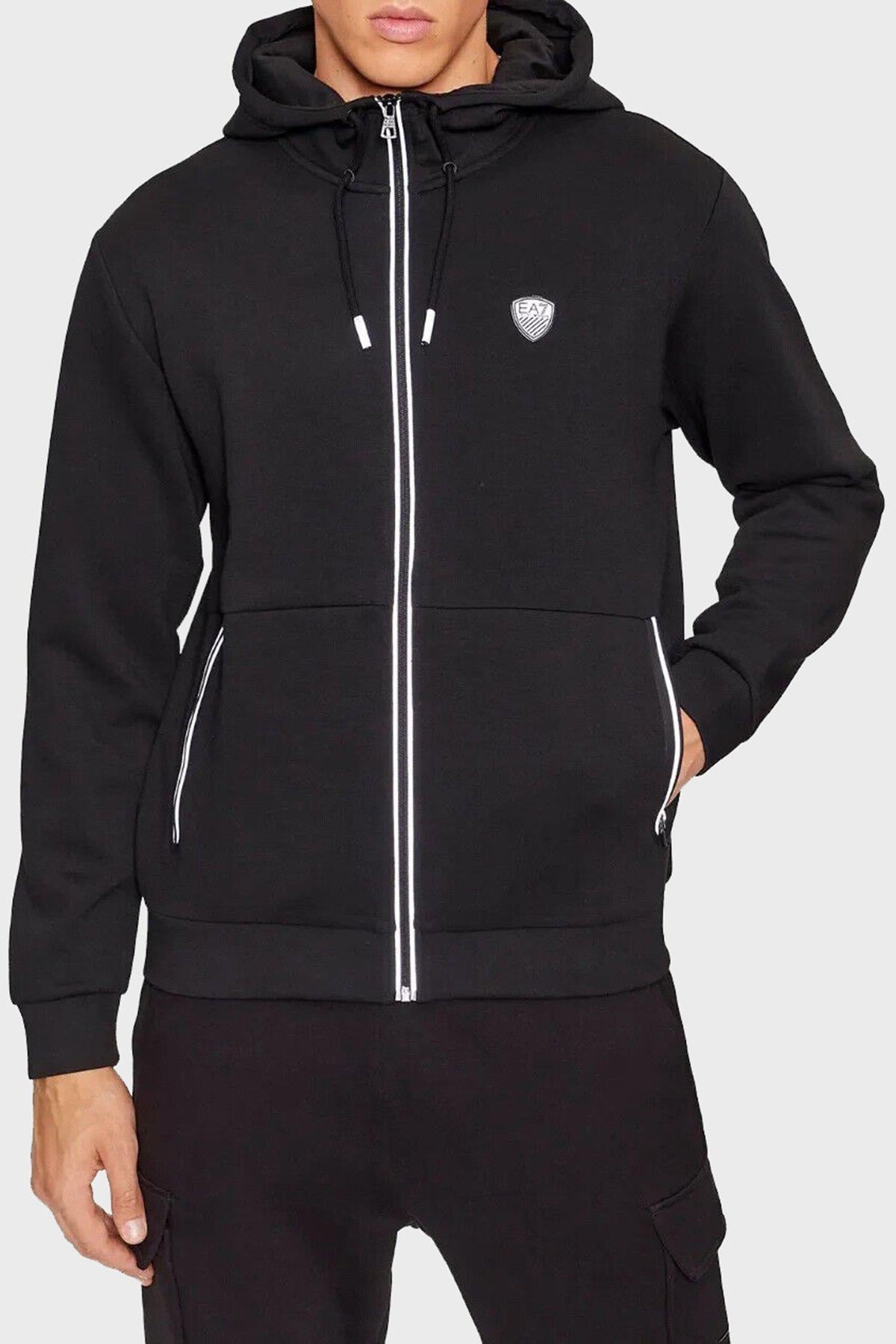 EA7 Ea7 Erkek Kapüşonlu Fermuar Kapama Uzun Kol Cep Detay Siyah Sweatshirt 8NPM20 PJ4EZ-1200