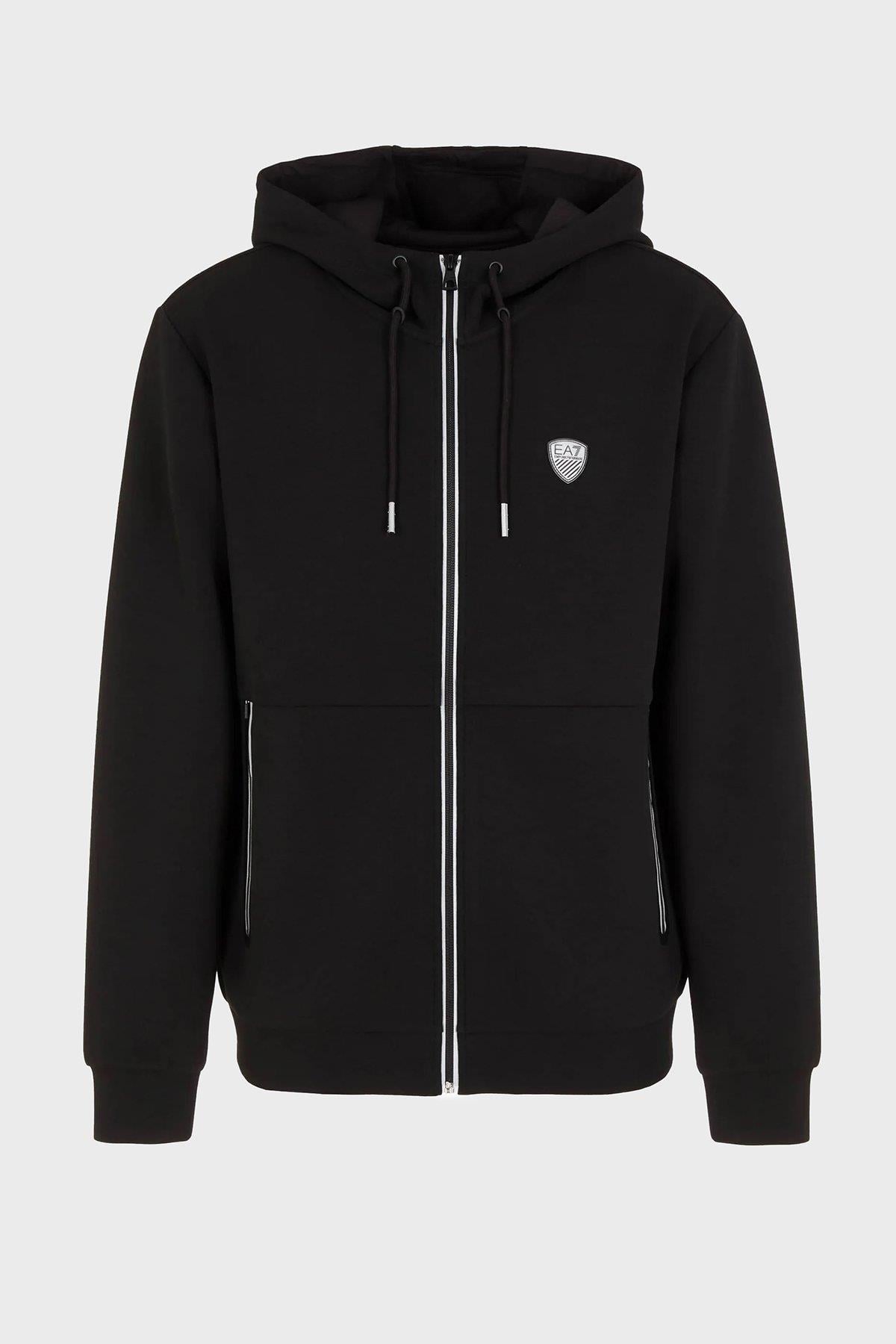 EA7 Ea7 Erkek Kapüşonlu Fermuar Kapama Uzun Kol Cep Detay Siyah Sweatshirt 8NPM20 PJ4EZ-1200