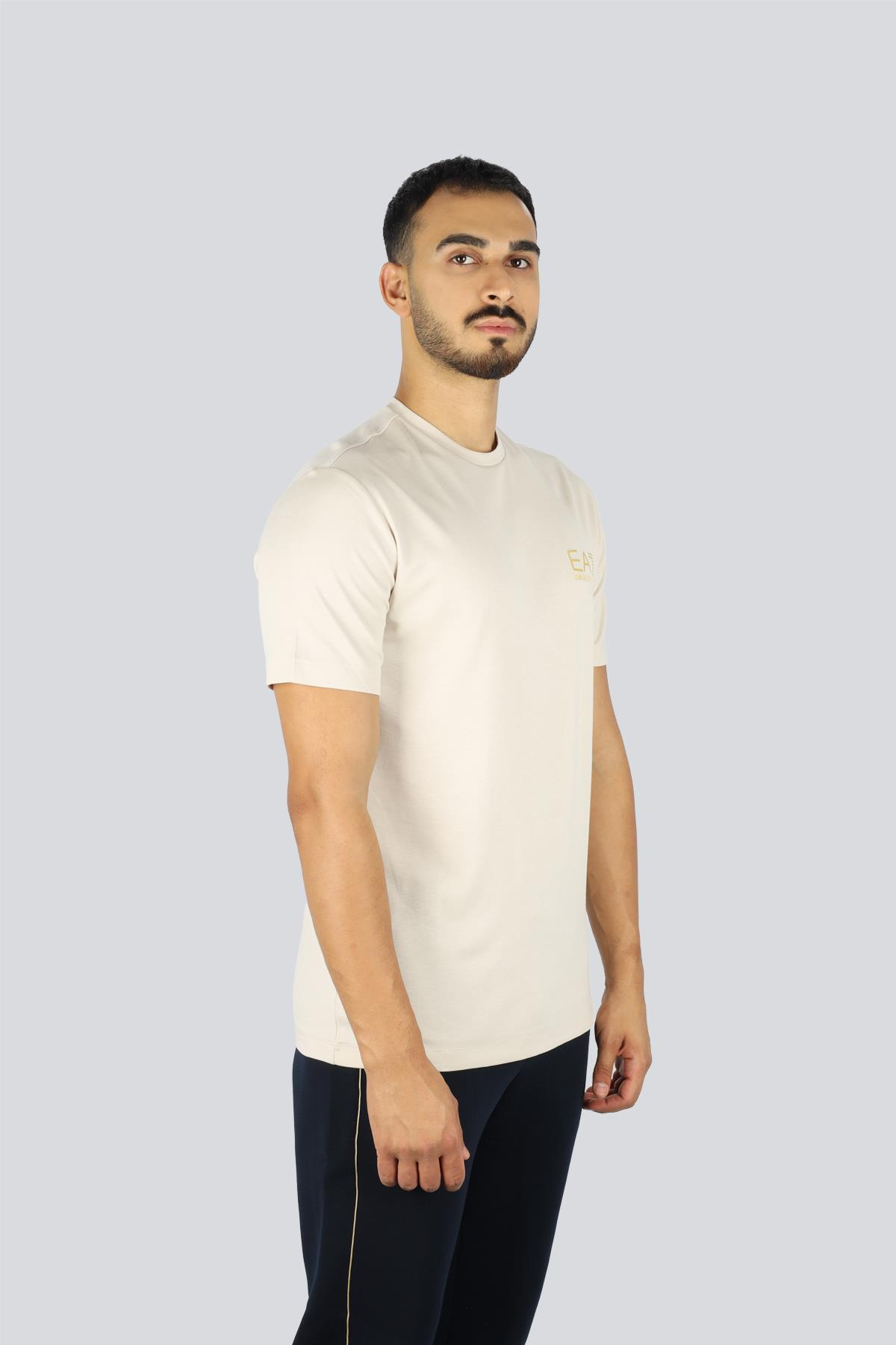 EA7 Ea7 Erkek Kısa Kol Bisiklet Yaka Pamuklu EA7 Desen Krem T-Shirt 7M000666 AF13739-U1086