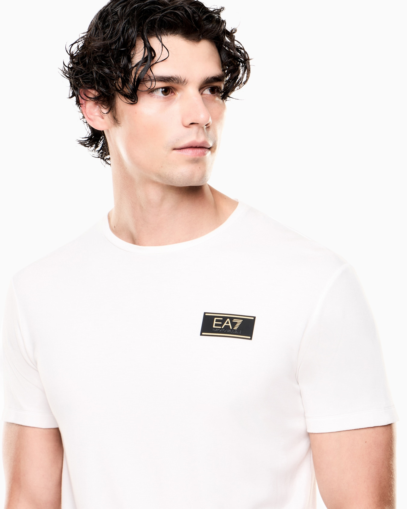 EA7 Ea7 Erkek Normal Kalıp Viskoz Karışımlı Kumaş Yuvarlak Yakalı Logo Etiketli Kısa Kollu Beyaz T-Shirt 7M001331 AF13739-U0004